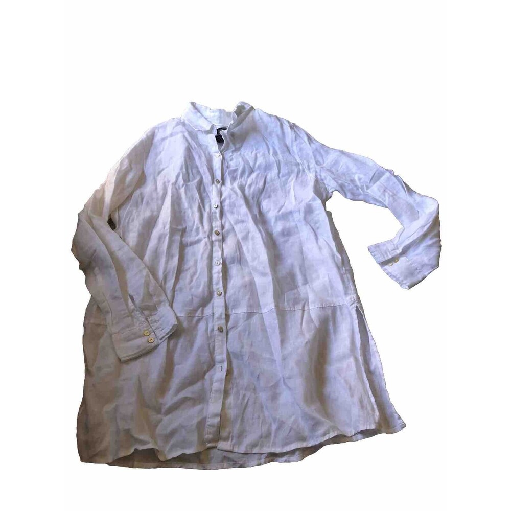 Tahari White 100% Linen Button Tunic Shirt  Long Sleeve  Sz L